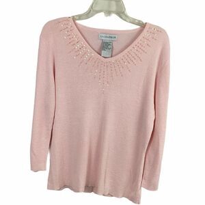 Sag Harbor Sequins Ice Pink V Neck Sweater Size Large